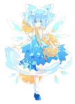  1girl :&lt; bag bangs blue_bow blue_eyes blue_footwear blue_hair blue_skirt blue_vest bow cirno commentary_request fairy_wings food food_themed_bag frilled_sleeves frills fruit full_body hair_bow handbag highres ice ice_wings lemon lemon_slice looking_ahead medium_skirt nikorashi-ka puffy_sleeves short_sleeves simple_background skirt skirt_set socks solo standing touhou vest white_background white_legwear wings 