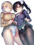  2girls asymmetrical_docking black_hair black_jacket black_legwear black_swimsuit blonde_hair blue_eyes breast_press breasts brown_sweater commentary_request competition_swimsuit covered_nipples cowboy_shot crotch_seam dress_shirt hair_ribbon highleg highleg_swimsuit highres jacket large_breasts long_hair looking_at_viewer looking_down multiple_girls one-piece_swimsuit open_mouth original pantyhose plaid plaid_skirt pleated_skirt red_eyes red_neckwear ribbon sanshoku_amido school_uniform shirt short_hair side_ponytail simple_background skirt standing sweater swimsuit swimsuit_under_clothes thighband_pantyhose white_background white_ribbon white_swimsuit 