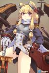  1girl azur_lane bangs blonde_hair breastplate epaulettes gloves hair_between_eyes headgear highres long_hair panties purple_eyes rainywins rigging scarf side-tie_panties smile solo sword underwear warspite_(azur_lane) weapon white_gloves 