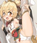  1girl andira_(granblue_fantasy) animal_ears ass_visible_through_thighs bangs bare_shoulders black_sleeves blonde_hair blush bow breasts brown_eyes cameltoe collarbone commentary_request covered_nipples detached_sleeves eyebrows_visible_through_hair fur-trimmed_sleeves fur_trim granblue_fantasy hair_between_eyes hand_on_own_leg leg_up leotard long_sleeves momio monkey_ears open_mouth sleeves_past_wrists small_breasts solo sparkle split standing standing_on_one_leg standing_split striped striped_bow thighhighs two_side_up white_legwear white_leotard white_sleeves wide_sleeves 