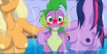  anthro anthrofied applejack_(mlp) areola blush breasts dragon equid equine female freckles friendship_is_magic frist44 green_eyes hi_res horse male mammal my_little_pony nipples pony reflection sauna spike_(mlp) steam twilight_sparkle_(mlp) water wet wings 