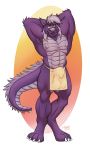  2019 abs animal_genitalia anthro bulge canid canine clothing dragon hair hi_res howz hybrid loincloth looking_at_viewer male mammal muscular muscular_male navel nipples pecs penis_outline pose sheath solo standing 