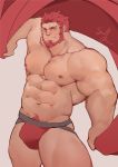  1boy abs absurdres bara beard biceps bulge cape chest facial_hair fate/grand_order fate_(series) guoguo highres male_focus muscle nipples pectorals pubic_hair red_eyes red_hair rider_(fate/zero) simple_background smile thong upper_body 