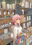  1girl airbrush akashi_(kantai_collection) alternate_costume commentary_request green_eyes hair_ribbon highres hood hooded_robe hoodie indoors kachi_(kachi5100) kantai_collection long_hair long_sleeves looking_at_viewer paint_can pink_hair pitcher ribbon shelf solo tress_ribbon upper_body 