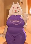  2019 4_fingers bebebebebe bovid caprine claws clothed clothing female fingers front_view fur goat hi_res looking_at_viewer mammal mature_female open_mouth open_smile red_eyes smile toriel undertale video_games voluptuous white_fur 