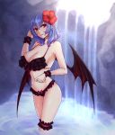  absurdres alternate_costume arms_up bat_wings bikini black_bikini blue_hair breasts cave cleavage collarbone contrapposto expressionless eyebrows_visible_through_hair fangs fangs_out fingernails flower frilled_bikini frills garters hair_between_eyes hair_flower hair_ornament hand_in_hair head_tilt hibiscus highres large_breasts looking_at_viewer medium_hair outdoors pointy_ears red_eyes red_lips red_nails remilia_scarlet sharp_fingernails slit_pupils standing swimsuit touhou wading water waterfall wings wrist_cuffs zeramu 