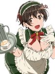  1girl :d alternate_costume apron between_breasts blush bow bowtie breasts brooch brown_eyes brown_hair carrying cleavage cleavage_cutout coffee coffee_cup coffee_pot cup disposable_cup dr._gero_(staedtler_0508) dress enmaided frilled_apron frilled_dress frills gloves green_dress hand_on_own_chest headdress highres idolmaster idolmaster_cinderella_girls jewelry large_breasts leaning_forward looking_at_viewer maid maid_apron maid_headdress oikawa_shizuku open_mouth puffy_short_sleeves puffy_sleeves red_bow red_neckwear short_hair short_sleeves simple_background smile solo tareme tray upper_body white_background 