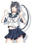  1girl absurdres animal_ears black_hair blue_eyes blue_sailor_collar blue_skirt cat_ears cat_tail commentary_request cowboy_shot extra_ears fubuki_(kantai_collection) highres kantai_collection long_hair looking_at_viewer low_ponytail paw_pose pleated_skirt ponytail rynn_(user_rkgs8583) sailor_collar school_uniform serafuku short_ponytail short_sleeves sidelocks simple_background skirt smile solo tail white_background 