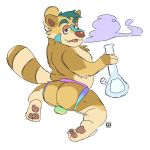  2019 anthro backsack balls bong butt clothed clothing drugs hi_res jockstrap kneeling loneliestbara looking_back male mammal procyonid raccoon simple_background smoke solo topless underwear white_background 