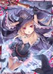  1girl :o akkijin bird black_dress black_feathers blonde_hair breasts dress feathers hat holding holding_hat holding_staff holding_weapon jewelry looking_at_viewer looking_up magic_circle magical_girl necklace official_art polearm raven_(animal) red_eyes shinkai_no_valkyrie small_breasts staff weapon witch_hat 