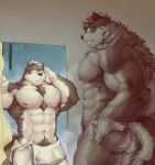  2019 abs accessory barazoku biceps brown_fur canid canine canis duo fur headband hi_res horkeukamui male mammal multicolored_fur muscular muscular_male nipples pecs penis pubes red_eyes renoky tokyo_afterschool_summoners towel triceps two_tone_fur video_games volkv_vseslav white_fur wolf yellow_eyes 