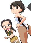  2girls ass bangs black_hair blush_stickers braid brown_eyes brown_footwear brown_legwear camouflage_shirt clenched_hand closed_mouth dutch_angle eyebrows_visible_through_hair frown fukuda_(girls_und_panzer) girls_und_panzer glasses green_shirt hamahara_yoshio hand_on_hip highres holding holding_umbrella leotard long_hair looking_at_viewer microskirt multiple_girls nakajima_(girls_und_panzer) navel open_mouth pantyhose pleated_skirt pointing pointing_at_viewer print_leotard race_queen round_eyewear shirt shrug_(clothing) simple_background skirt smile standing strapless strapless_leotard sweatdrop thighhighs tubetop twin_braids twintails umbrella v-shaped_eyebrows white_background white_leotard yellow_skirt 