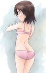  1girl adjusting_bra adjusting_clothes ass bangs bra brown_eyes brown_hair butt_crack commentary cowboy_shot from_behind girls_und_panzer motion_lines nishizumi_miho osamada_meika panties pink_bra pink_panties short_hair solo standing underwear underwear_only 