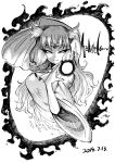  1girl blackcat_(pixiv) breasts dated dot_nose english_text frills greyscale headband jewelry kikuri_(touhou) looking_at_viewer monochrome smile tagme touhou touhou_(pc-98) wide_sleeves 