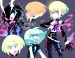  1boy angry belt black_gloves black_hair black_jacket blonde_hair cravat earrings expressions fangs fire gloves green_hair half_gloves horns jacket jewelry lio_fotia male_focus mato_(mozu_hayanie) open_mouth promare purple_eyes signature solo 