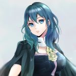 1girl artist_name blue_eyes blue_hair byleth byleth_(female) closed_mouth crqrr fire_emblem fire_emblem:_three_houses grey_background medium_hair short_sleeves simple_background solo upper_body 
