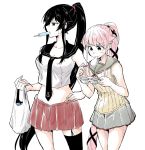  2girls asymmetrical_legwear bag black_hair breasts brown_eyes cleavage cowboy_shot eating eyebrows_visible_through_hair food_in_mouth garter_straps green_eyes grey_sailor_collar grey_skirt hair_flaps kantai_collection large_breasts long_hair looking_to_the_side midriff multiple_girls pink_hair pleated_skirt ponytail red_skirt remodel_(kantai_collection) rindou_(rindou_annon) sailor_collar school_uniform serafuku shopping_bag sidelocks simple_background single_thighhigh skirt sleeveless thighhighs very_long_hair white_background yahagi_(kantai_collection) yura_(kantai_collection) 