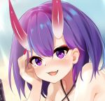  1girl :3 bangs bare_shoulders beach bikini bob_cut breasts cleavage commentary_request day eyeshadow fate/grand_order fate_(series) gradient_horns hair_between_eyes hand_up highres light_blush looking_at_viewer lying makeup moneko1107 nail_polish on_stomach oni_horns open_mouth outdoors purple_eyes purple_hair red_eyeshadow red_horns red_nails short_hair shuten_douji_(fate/grand_order) solo swimsuit 