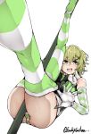  1girl akatsuki_kirika ass blonde_hair blush breasts elbow_gloves funkysatou gloves green_eyes green_leotard hair_ornament highres leotard looking_at_viewer medium_breasts no_shoes open_mouth scythe senki_zesshou_symphogear shiny shiny_hair shiny_skin short_hair simple_background smile solo striped striped_legwear thighhighs thighhighs_pull thighs translation_request white_background x_hair_ornament 