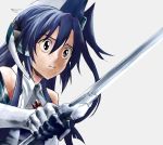  1girl blue_eyes blue_hair holding holding_sword holding_weapon judo_fuu katana kazanari_tsubasa long_hair meme parody senki_zesshou_symphogear side_ponytail sword tsukiji_uogashi_sandaime weapon 