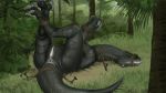  16:9 2019 anus bdsm bodily_fluids bondage bound butt captured claws cum dinosaur dromaeosaurid female feral forest fridaflame genital_fluids lying nude on_back paws pussy reptile rope scalie solo theropod tree velociraptor 