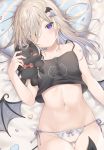  1girl ass_visible_through_thighs bare_arms bare_shoulders bed_sheet black_camisole blue_hair blush bow bow_panties brown_hair camisole closed_mouth commentary crop_top demon_girl demon_tail demon_wings detached_wings dutch_angle grey_wings groin hair_over_one_eye heterochromia highres long_hair lying mafuyu_(chibi21) multicolored_hair navel no_pants on_back original panties pillow purple_eyes side-tie_panties solo streaked_hair stuffed_animal stuffed_toy symbol_commentary tail thigh_gap twitter_username underwear white_panties wing_hair_ornament wings yellow_eyes 