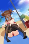  1girl ass bangs bare_arms bare_shoulders beach bikini black_legwear blonde_hair blunt_bangs blurry blurry_background boku_no_hero_academia breasts cloud commentary_request double_bun eyebrows_visible_through_hair fangs grin highres innertube large_breasts looking_at_viewer medium_hair messy_hair moetora nipples on_ground open_mouth outdoors red_bikini sitting smile solo_focus swimsuit teeth thighhighs toga_himiko yellow_eyes 