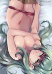  1girl absurdres bed_sheet breasts brown_legwear caiman-pool closed_mouth covering covering_one_breast eyebrows_visible_through_hair from_above from_behind green_eyes green_hair groin hair_between_eyes highres kantai_collection long_hair looking_at_viewer lying medium_breasts navel on_back panties panty_pull red_panties shiny shiny_hair shiny_skin smile solo suzuya_(kantai_collection) thighhighs topless underwear very_long_hair 