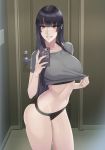  1girl bangs black_hair black_panties blush breasts cellphone damegane grey_shirt grin highres large_breasts long_hair looking_at_viewer navel orange_eyes original panties phone self_shot shirt shirt_lift short_sleeves smile solo thighs underwear 