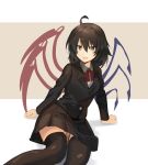  1girl :d ahoge alternate_costume arm_support asymmetrical_wings bangs black_hair black_jacket black_legwear black_skirt blazer blue_wings bow bowtie breasts commentary_request contemporary eyebrows_visible_through_hair feet_out_of_frame grey_background hair_between_eyes highres houjuu_nue jacket long_sleeves looking_at_viewer medium_breasts miniskirt open_mouth pleated_skirt red_bow red_eyes red_neckwear red_wings rin_falcon school_uniform shadow shirt short_hair sitting skirt smile solo thighhighs touhou two-tone_background white_background white_shirt wings 