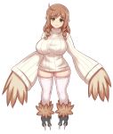  2019 animal_humanoid avian avian_humanoid big_breasts braided_hair breasts brown_hair clothing feathered_wings feathers female front_view green_eyes hair harpy hi_res humanoid humanoid_pointy_ears legwear looking_at_viewer nipple_outline simple_background smile solo sweater talons thatnav thigh_highs topwear white_background wings 