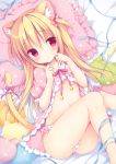  1girl :3 animal_ears bare_legs blonde_hair bow breasts cat_ears cat_pillow cat_tail commentary_request dress dress_lift frilled_dress frilled_sleeves frills hair_bow izuminanase long_hair lying no_bra on_back original panties pillow puffy_short_sleeves puffy_sleeves red_eyes short_sleeves small_breasts striped striped_panties tail tail_bow underwear 
