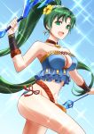  1girl arrow blue_swimsuit bow_(weapon) choker earrings fire_emblem fire_emblem:_the_blazing_blade fire_emblem_heroes flower green_eyes green_hair hair_flower hair_ornament highres holding holding_arrow holding_bow_(weapon) holding_weapon jewelry kakiko210 long_hair lyn_(fire_emblem) navel open_mouth ponytail solo swimsuit weapon 