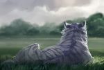  2017 ambiguous_gender caraid cloud day detailed detailed_background digital_media_(artwork) felid feral fur grass lying mammal markings nature outside pantherine purple_markings rear_view sky solo tiger whiskers white_fur 