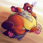  1:1 2019 animal_crossing anthro beach belly brown_fur butt canid canine clothing fur hi_res male mammal nintendo obese overweight raccoon_dog seaside solo swimwear tanuki tom_nook_(animal_crossing) vetoknox video_games 