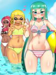  3girls :o ass_visible_through_thighs ball bangs beachball bikini blonde_hair blue_eyes blue_sky blunt_bangs breasts claw_pose closed_eyes closed_mouth cloud cloudy_sky commentary dark_skin day domino_mask fang female_pervert flat_chest front-tie_bikini front-tie_top green_hair groin heart highres holding holding_ball holding_weapon inkling long_hair makeup mascara mask medium_hair multiple_girls navel octoling octoshot_(splatoon) open_mouth outdoors penginmaru pervert pink_bikini pointy_ears red_eyes red_hair saliva short_hair skindentation sky small_breasts sparkle splatoon_(series) splatoon_2 splatoon_2:_octo_expansion striped striped_bikini suction_cups swimsuit tan thighs v-shaped_eyebrows very_long_hair wading weapon white_bikini yellow_bikini 