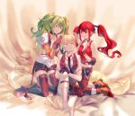  3girls artist_request blanket blonde_hair cz-75_(girls_frontline) english_commentary fingerless_gloves girls_frontline gloves green_eyes green_hair highres m950a_(girls_frontline) multiple_girls pillow red_eyes red_hair shoes shorts sleepover socks stuffed_animal stuffed_toy teddy_bear thighhighs twintails welrod_mk2_(girls_frontline) yellow_eyes 