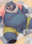  2019 anthro balls belly black_nose blush bottomwear clothed clothing eyes_closed flaccid male mammal moobs navel nipples open_shirt overweight overweight_male penis shirt shorts sitting solo teeth tongue topwear totemoii_029 underwear ursid 