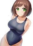  1girl arms_behind_back blush breasts brown_hair closed_mouth collarbone covered_navel eyebrows_visible_through_hair green_eyes highres idolmaster idolmaster_cinderella_girls kibihimi large_breasts maekawa_miku one-piece_swimsuit short_hair simple_background solo swimsuit white_background 