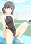  1girl barefoot black_eyes black_hair black_swimsuit blue_sky blurry breasts cloud competition_swimsuit day depth_of_field drill_hair fence highres looking_at_viewer low_twintails one-piece_swimsuit original outdoors parted_lips poolside short_hair sitting sky small_breasts solo swimsuit takafumi twin_drills twintails 