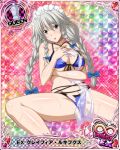  1girl bikini blue_bikini braid breast_hold breasts card_(medium) character_name chess_piece closed_mouth grayfia_lucifuge grey_eyes grey_hair high_school_dxd high_school_dxd_infinity large_breasts lipstick long_hair looking_at_viewer maid_headdress makeup official_art queen_(chess) red_lipstick see-through smile solo spread_legs swimsuit torn_bikini torn_clothes torn_towel towel trading_card twin_braids 