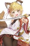  1girl absurdres animal_ears bangs bare_shoulders black_legwear blonde_hair blush braid detached_sleeves dog_ears erune eyebrows_visible_through_hair granblue_fantasy hair_ornament highres holding holding_sword holding_weapon hyouta_(yoneya) japanese_clothes katana looking_at_viewer open_mouth pantyhose short_hair solo sword tail vajra_(granblue_fantasy) weapon white_background 