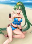  1girl beach blue_sky blue_swimsuit breasts choker cleavage closed_mouth cloud day earrings fire_emblem fire_emblem:_the_blazing_blade fire_emblem_heroes flower green_eyes green_hair hair_flower hair_ornament hazuki_(nyorosuke) highres jewelry long_hair lyn_(fire_emblem) navel outdoors ponytail sky smile solo swimsuit water 