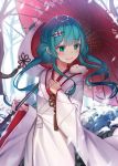  1girl blue_eyes blue_hair closed_mouth day floating_hair hair_ornament hatsune_miku highres holding holding_umbrella japanese_clothes kimono long_hair long_sleeves oriental_umbrella outdoors ran9u red_umbrella smile snow_bunny solo standing umbrella vocaloid white_kimono wide_sleeves yuki_miku 