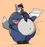  anthro belly big_belly black_hair bodily_fluids box button_pop canid canine canis clothed clothing doughnut eating facial_hair food fur grey_fur hair hi_res holding_food holding_object male mammal navel necktie obese obese_male overweight overweight_male police_uniform psydoux solo standing straining_buttons sweat sweatdrop thick_thighs torn_clothing uniform wolf 