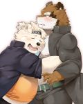  2019 anthro blush bottomwear brown_fur canid canine clothing duo eyes_closed fur hi_res hug humanoid_hands male male/male mammal moobs nikiciy nipples overweight overweight_male pants polar_bear raccoon_dog ryokuichi_(nikiciy) shirou_(nikiciy) shirt tanuki topwear ursid ursine white_fur 