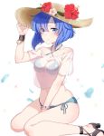  1girl bikini blue_eyes blue_hair blush breasts catria_(fire_emblem) fire_emblem fire_emblem:_mystery_of_the_emblem fire_emblem_heroes haru_(nakajou-28) hat headband highres looking_at_viewer pegasus_knight shirt short_hair solo swimsuit 