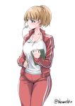  1girl alternate_costume blue_eyes breasts brown_hair cleavage commentary_request eyebrows_visible_through_hair gym_shirt highres holding holding_pencil intrepid_(kantai_collection) kantai_collection large_breasts looking_to_the_side pencil ponytail red_track_suit shirt short_hair simple_background solo takomeshi twitter_username whistle white_background white_shirt 