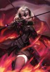  1girl absurdres armor armored_dress bangs banner breasts cape capelet chain cloak commentary_request fate/grand_order fate_(series) fiery_background fire flag fur-trimmed_cape fur_collar fur_trim gauntlets headpiece highres holding holding_flag holding_sword holding_weapon jeanne_d&#039;arc_(alter)_(fate) jeanne_d&#039;arc_(fate)_(all) kuro_(ning2763) large_breasts short_hair silver_hair solo sword thighhighs tsurime weapon yellow_eyes 