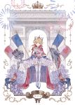  1girl absurdres arc_de_triomphe azur_lane bangs bastille_day blonde_hair blue_eyes blush breasts cape epaulettes fireworks french_flag gauntlets hair_ornament highres holding le_triomphant_(azur_lane) looking_at_viewer paris sera1023 small_breasts smile solo striped striped_legwear thighhighs 